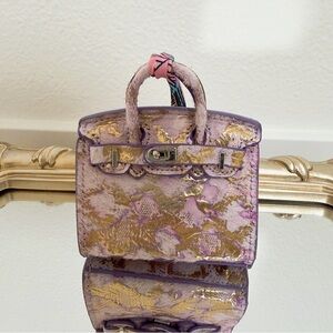Mini purse charm • genuine leather + pony hair • purple gold texture